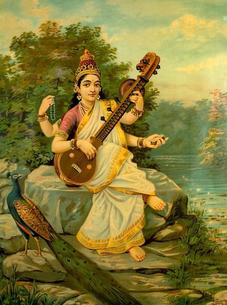 Basant Panchami Craft, Saraswathi Devi Images, Brahma Vishnu Shiva, Saraswathi Pooja, Saraswati River, Saraswathi Devi, Saraswati Picture, Saraswati Mata, Craft Activity For Kids