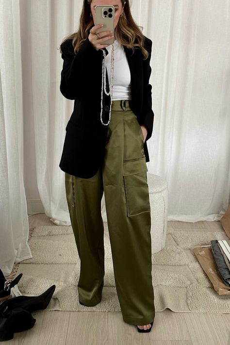 Green Cargo Work Outfit, Green Satin Trousers Outfit, Cargo And Blazer Outfit, Khaki Green Trousers Outfit, Cargo Work Pants Women, Green Satin Cargo Pants Outfit, Satin Green Pants Outfit, Green Wide Leg Cargo Pants Outfit, Army Green Trousers Outfit