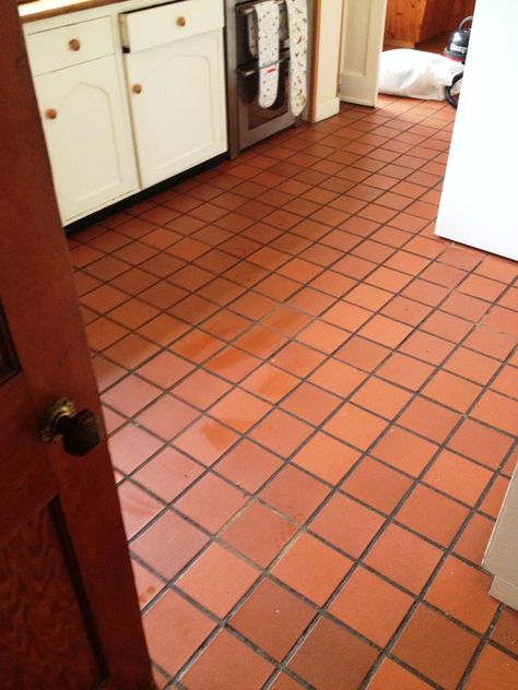 Quarry Tiles Before Cleaning and Colouring Tile Kitchen Floor Ideas, Tile Floor Cleaning, Kitchen Floor Ideas, Red Tile Floor, Tile Kitchen Floor, Quarry Tile Floor, Spanish Floor Tile, Spanish Home Decor, Spanish Bungalow