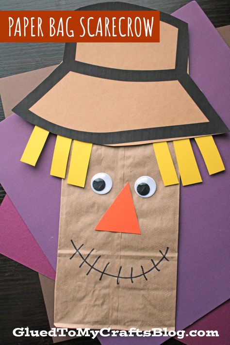 Simple Scarecrow Craft Preschool, Paperbag Scarecrow Craft, Brown Paper Bag Scarecrow Craft, Scarecrow Crafts Preschool Art Projects, Mail Bag Craft Preschool, Paper Bag Scarecrow Craft Preschool, Scarecrow Prek Craft, Fall Paper Bag Puppets, Halloween Brown Paper Bag Crafts