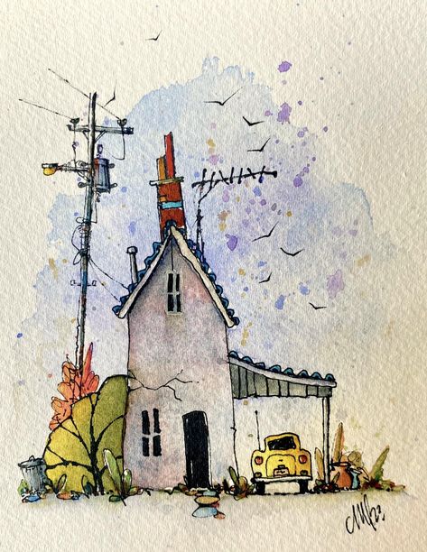 Sunday chill. Ink and watercolor... - Mike Lewis Watercolor Line And Wash Landscape, Peter Sheeler, Watercolor Farmhouse, Watercolor House Painting, Watercolor Scenery, Whimsical Art Paintings, Learn Watercolor Painting, Watercolor Art Landscape, Arte Indie