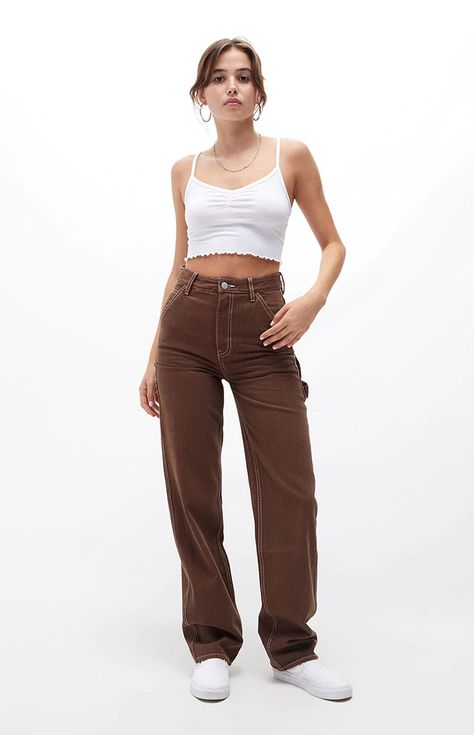 Carpenter Pants Outfit Women, Brown Carpenter Pants Outfit, Carpenter Pants Women, Brown Carpenter Pants, Carpenter Pants Outfit, Brown Cargo Pants Outfit, Paint Pants, Brown Denim Pants, Realistic Outfits