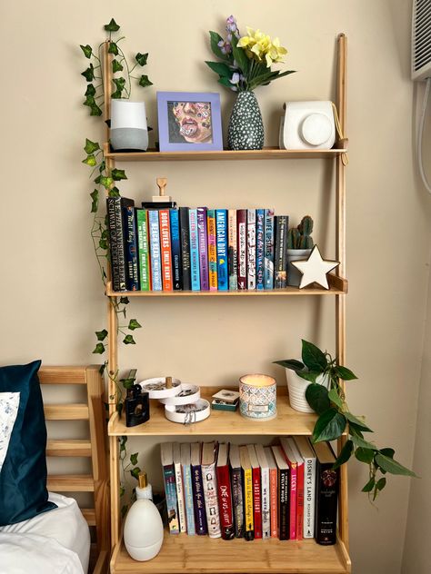 Bookshelf Wooden Simple, Hippy Bookshelf, Simple Wood Bookshelf, Bookshelf As Bedside Table, Studio Apartment Bookshelf, Rent Friendly Bookshelves, Bookshelf Styling Small, Bookshelf For Small Room, Elevated Bookshelf