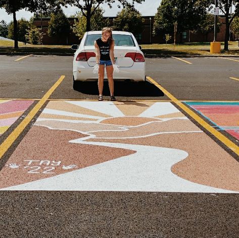 Ideas for painting a senior parking space Senior Parking Spot Aesthetic, Mountain Parking Spot Painting, Creative Senior Parking Spots, Senior Parking Spaces Christian, Christian Senior Parking Spots, Senior Parking Space Ideas Country, Girls Senior Parking Spot Ideas, Senior Parking Spot Painting Ideas, Up Senior Parking Spot