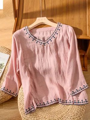 Linen Decoration, Fitted Cotton Top, Loose Dress Pattern, Embroidery Collar, Embroidered Cotton Top, Linen Top Women, Designer Kurtis, Mid Length Sleeves, Blouse Models