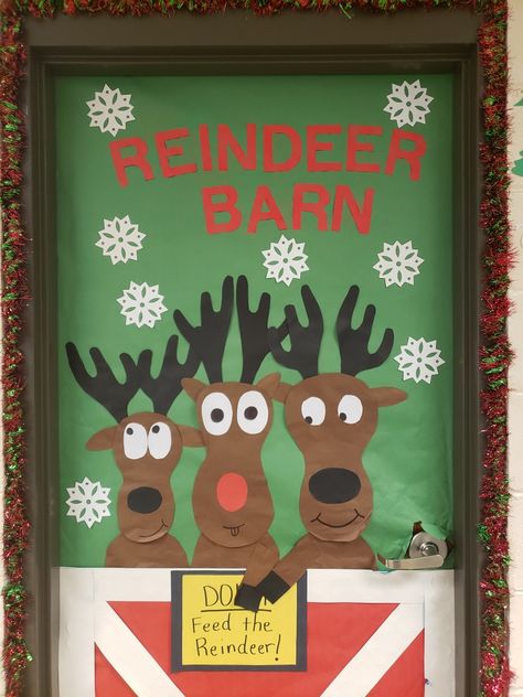 Reindeer barn Christmas door for a classroom Reindeer Office Door Decorations, Rudolph The Red Nosed Reindeer Door Decoration, Reindeer Stable Door Decoration, Reindeer Door Decoration For Classroom, Reindeer Classroom Door, Christmas Board Decoration, Christmas Wrapping Ideas Creative, Library Door, Prek Christmas