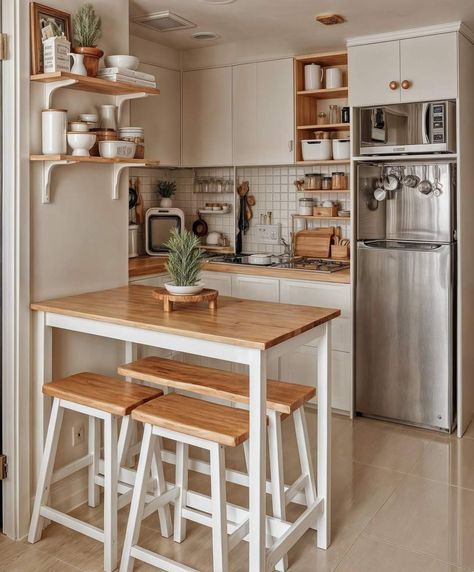 Tiny Kitchen With Dining Area, Kitchen In Small Apartment, Tiny Dining Area Ideas, Small Kitchen Ideas On A Budget Tiny Houses Interior Design, Woody Apartment, Tiny Kitchen Design Small Apartments, Small Kitchen Ideas Apartment Decor Inspiration, Small Kitchen Apartment Ideas, Small Kitchen With Dining Area