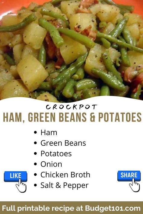 Ham Green Beans Potatoes, Ham Green Beans And Potatoes, Ham And Green Beans, Crockpot Green Beans, Beans And Potatoes, Crockpot Ham, Green Beans And Potatoes, Crockpot Dishes, Crock Pot Slow Cooker