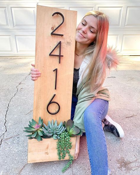 House Number Planter, Wooden Front Door, House Numbers Diy, Cement Wall, Door Number, Modern House Number, House Number Sign, Floating House, Number Sign