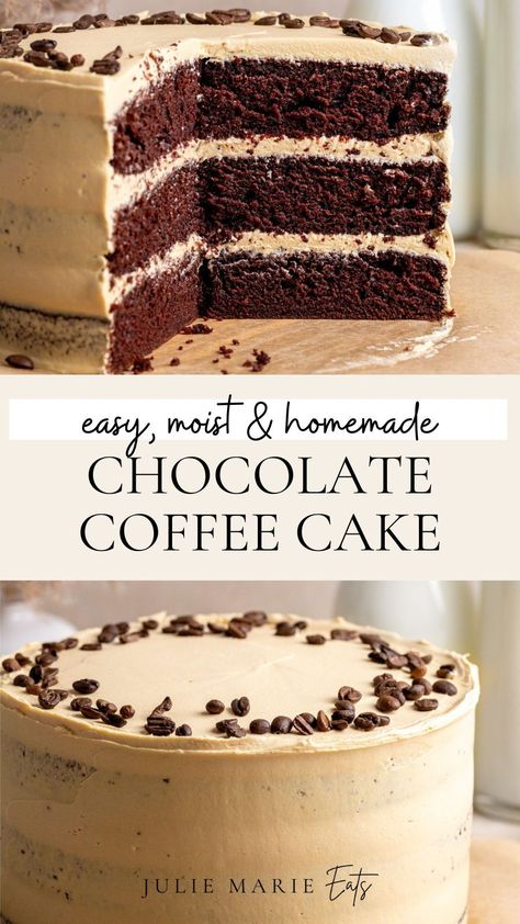 Make the perfect moist chocolate layer cake with coffee buttercream icing with this homemade cake recipe. Follow Julie Marie Eats for easy dessert ideas and baking recipes for a crowd. Mocha Layer Cake With Rum Cream Filling, Chocolate Cake Chocolate Icing, Dark Chocolate Espresso Cake, 4 Layer Chocolate Cake, Chocolate And Coffee Cake, Coffee Flavoured Cake, Cake Layer Ideas, Fall Layer Cake, Delicious Cake Recipes Homemade