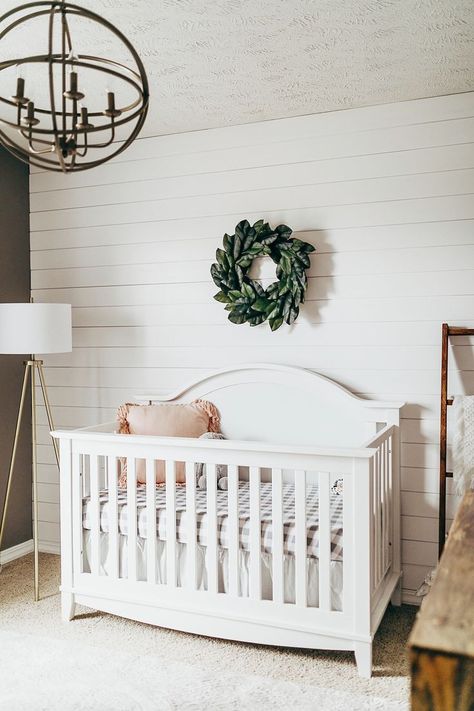 Farmhouse style nursery with shiplap walls. #nursery #farmhouse #shiplap #magnoliastyle #farmhousedecor #shiplapwalls #nurserydecor Shiplap Nursery, Farmhouse Style Nursery, Vintage Crib, Simple Nursery, White Crib, Farmhouse Nursery, White Shiplap Wall, Estilo Shabby Chic, White Shiplap