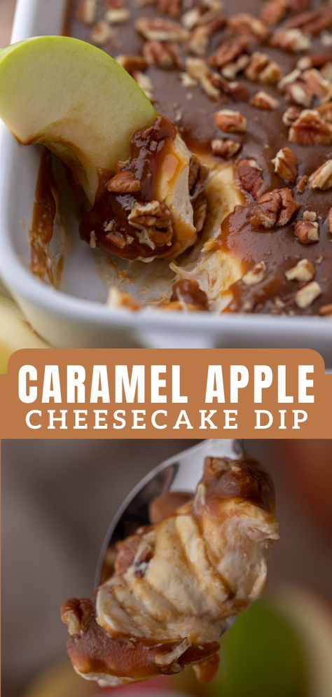 This delicious caramel apple cheesecake dip is an easy and delicious fall dessert that combines a caramel cheesecake dip with fresh fruit or your crackers of choice. It is made with simple ingredients and doesn’t require you to turn on the oven! Perfect for your fall parties, take with you to a Halloween party, or just a fun snack to enjoy for movie night marathons, it is definitely a must-make. Carmel Apple Cheesecake Dips, Friend Giving Food Ideas, Fall Bbq Food Ideas, Fall Girls Night Food, Carmel Apple Bar Halloween, Thanksgiving Easy Desserts, Tailgate Desserts Easy, Cheap Snacks For Party, Carmel Apple Dip Recipes