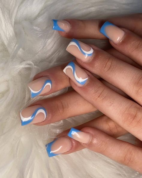 Blue French Tips With Swirls, Short Acrylic Nails Swirl Designs, Swirly Nail Designs French Tip, Swirl French Tip Nails Square, Blue And White French Tip Nails Square, Blue Swirl French Tip Nails, Swirl And French Tip Nails, Short Nail Designs Blue And White, White And Blue Swirl Nails