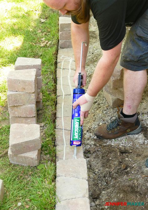 Paver Retaining Wall Raised Beds, How To Build A Brick Retaining Wall, Building A Retaining Wall Flower Bed, Diy Brick Garden Bed, Retaining Wall How To, Retaining Walls Driveway, Diy Landscaping Edging, Front Porch Retaining Wall, Tall Landscape Edging