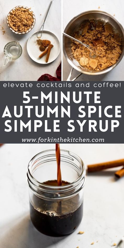 This Autumn Spice Simple Syrup isn't Pumpkin Spice...it's better. It's warm, rich, and full of flavor with fall spices of cinnamon, allspice, and coriander. It's perfectly paired with cocktails (especially Bourbon) or your favorite coffee drinks. Make it in 5 minutes and have it on hand to enjoy all the time! Best Fall Coffee Syrups, Apple Cinnamon Coffee Syrup, Unique Coffee Syrup Flavors, Autumn Coffee Syrup, Maple Cinnamon Simple Syrup, Autumn Spice Simple Syrup, Spiced Simple Syrup Recipe, Unique Fall Coffee Drinks, Holiday Coffee Syrup