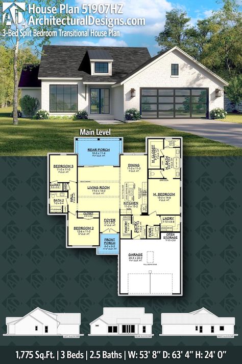 House Plan 51907HZ gives you 1700 square feet of living space with 3 bedrooms and 2.5 baths 1700sq Ft House Plans, 3 Bedroom Guest House Plans, Floor Plans 3 Bedroom 2 1/2 Bath, Free House Plans 3 Bedroom, Small One Story House Plans, 3 Bedroom Cabin Floor Plans, Small Cabin House Plans, Bathroom With A Tub, 3 Bedroom Plan