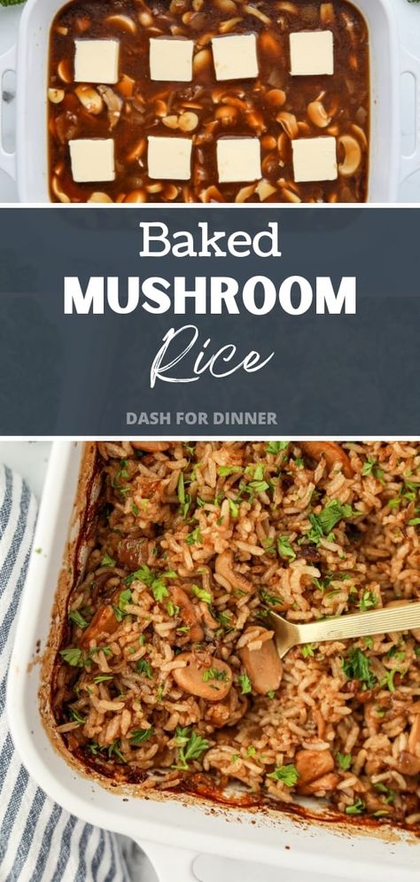 Whether you're looking for rice recipes for dinner or a potluck, this Baked Mushroom Rice (AKA Church Lady Rice) is the perfect solution! Made with just 5 simple ingredients, this flavorful rice is EASY to make. Everything is mixed (and BAKED) in one dish, and there is no stirring necessary. Just pop the rice casserole into the oven, and once it's done you'll have fluffy, perfectly cooked (and seasoned) rice. Rice Mushroom Casserole Recipes, Rice And Mushrooms Side Dish, Grits Dishes, Mushroom Rice Bake, Baked Mushroom Rice, Mushroom Rice Casserole, Rice Casserole Dishes, Quick Rice Recipes, Stick Of Butter Rice