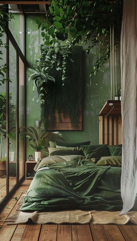 chambre vert sauge et bois #an #into #Embracing #Eclectic #DecorTips #Charm #Eclectic #HomeStyle #Your #Oasis #Transforming #Apartment #Outdoor #Kitchens Green And Wood Bedroom, Jungle Bedroom Ideas For Adults, Urban Room Decor, Oasis Room, Urban Jungle Bedroom, Bedroom Nature, Urban Rooms, Jungle Bedroom, Jungle Room