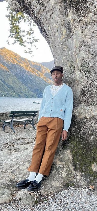 Cardigan Outfit Tyler The Creator, 60s Aesthetic Outfit Men, Men Fashion Color Combination, Golfwang Outfit, Tyler The Creator Cardigan, Tyler The Creator Street Style, Artist Outfit Men, Indie Pop Outfits, Tyler The Creator Fits