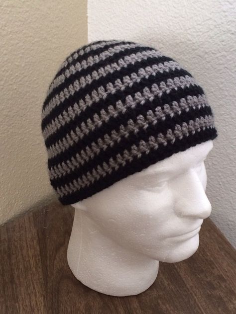 "Boys or Men's Crochet Beanie Classic Beanie Striped Beanie Black and Grey Available in solid colors too Message me if you would like this style hat with a different colors scheme. I will customize. All items are made from my own patterns (unless otherwise noted) Items are made from super soft acrylic yarn (unless otherwise noted) I make every item by hand, as it is ordered (unless marked as \"ready to ship\"). Generally, my turnaround time is 7-10 days. However, October - December, my turnaroun Two Color Beanie Crochet Pattern, Crochet Hat For Man, Crochet Men Beanie, Men Crochet Hat, Men’s Crochet Hat, Crochet Man Hat, Crochet Boys Hat, Crochet Hats For Men, Crochet Beanie For Men