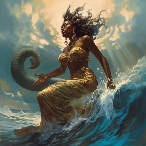 Mami Wata Art, Mami Wata Tattoo, African Mythology Art, Mami Wata Aesthetic, Mami Wata Goddesses, Water Spirit Art, Water Goddess Aesthetic, Water Goddess Art, Feminine Men Aesthetic