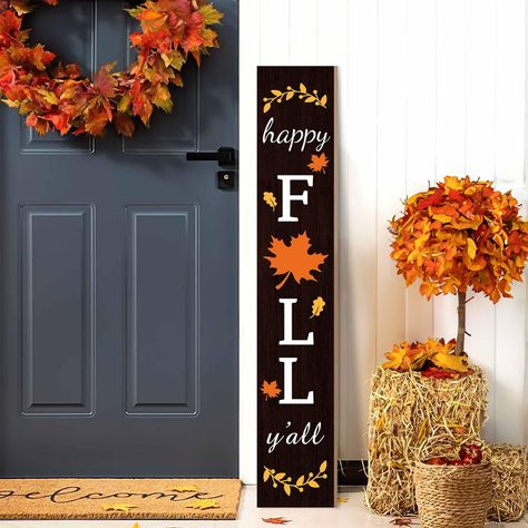 PRICES MAY VARY. HOME DECOR - You will receive fall wood door signs printed with fall maple elements, 'HELLO FALL Y'ALL' text for your fall decorating needs.Features decorative leaves imbued with the warm colors of fall. The background of the sign is painted brown, which makes the fall colors truly pop and stand out. FULL OF ELABORATE DETAIL - This Welcome porch sign made of wooden materials ,reliable and wear resistant, fine workmanship, smooth and textured, . It's designed to resist breakage a Wooden Fall Porch Signs, Happy Fall Yall Door Sign, Outdoor Fall Porch Decor Ideas, Fall Front Porch Signs, Fall Wood Signs Front Porches, Fall Door Signs Front Porches, Fall Outside Decor Front Porches, Welcome Signs For Front Porch, Porch Signs Fall