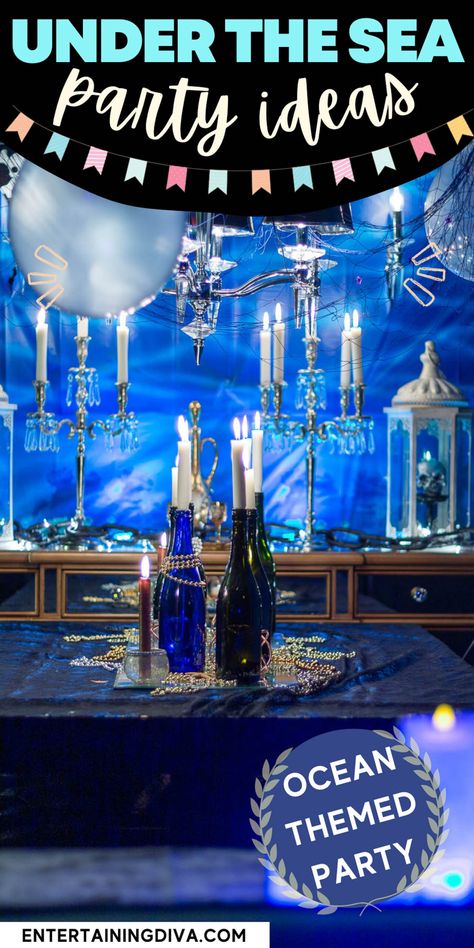 Elegant Under The Sea Party Ideas | Holidays and events Ocean Party Ideas, Sea Party Theme, Under The Sea Party Ideas, Diy Halloween Bottles, Halloween Scene Setters, Sea Party Decorations, Party Ideas For Adults, Halloween Party Drinks, Under The Sea Decorations