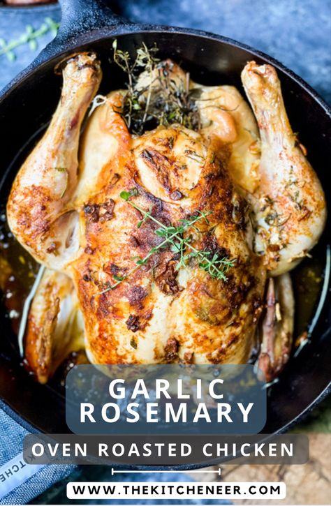 Roasted Chicken With Rosemary, Rosemary Whole Chicken Baked, Whole Rosemary Chicken, Small Roast Chicken Recipes, Whole Chicken Rosemary Recipes, Lemon Rosemary Roasted Whole Chicken, Chicken In A Roaster Pan, Oven Roasted Chicken With Lemon Rosemary Garlic Butter, Rosemary Butter Chicken