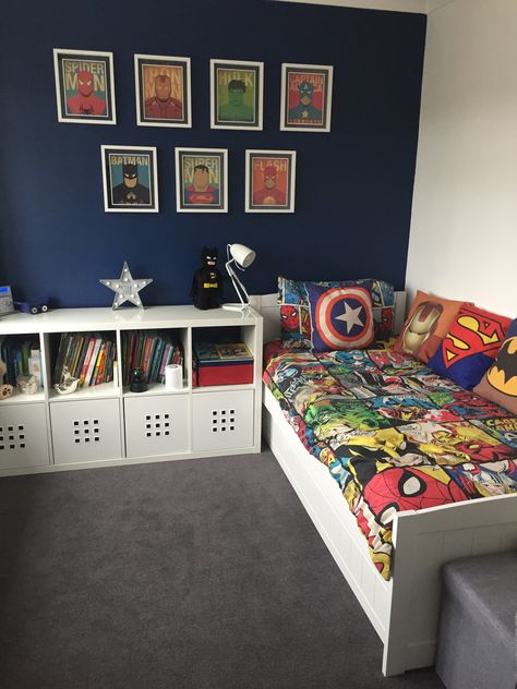 Toddler Bedroom Boy Marvel, Marvel Kids Bedroom Walmart, Toddler Boys Marvel Room, Little Boys Marvel Bedroom, Sons Room Ideas, Sons Room Design, Super Hero Bedroom Kids Rooms, Boy Marvel Bedroom, Small Toddler Boys Bedroom Ideas