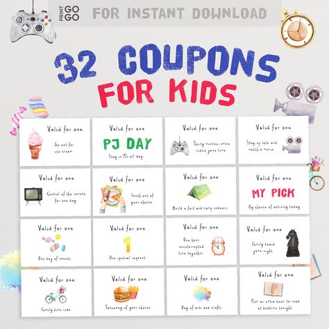 32 coupon cards for kids - a fun homemade gift idea for your child to dictate the activity or gain a reward. Purchase, print and play in minutes. Purchase includes : - 32 Coupons (8 per page) Files are in PDF format. * * * * *  Important Information: Instant download only - no physical items received. No cancellations or refunds are accepted. If you have a problem please contact me and I'll do my best to help.  I am happy to answer any questions before or after purchase. Thanks for supporting a Kids Coupon Ideas, Kids Coupons, Coupons For Kids, Fun Homemade Gifts, Wedding Games For Kids, Kids Birthday Presents, Kids Rewards, Diy Coupons, Birthday Coupons