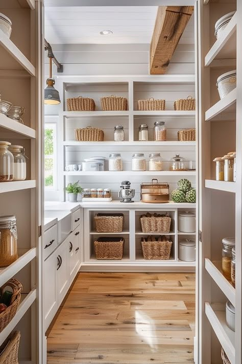 Design a farmhouse pantry with a touch of vintage glamour. Explore mirrored surfaces, crystal knobs, and ornate detailing for a luxurious and elegant culinary space... #FarmhouseKitchen #VintageGlamour #PantryDesign Butler Pantry Ideas Walk In, Prep Kitchen Pantry Walk In, Coastal Pantry, Farmhouse Butlers Pantry, Pantry With Window, Modern Pantry Design, Dream Pantry Walk In, Luxury Pantry, Vintage Kitchen Design