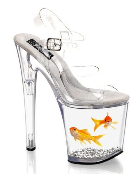 Lucite Goldfish Heels-The sole slides out so that you can feed the fishes. | I'd feel too bad for the fish....maybe just for a short field trip....even though I don't know where you would go in these, still like them! HT Weirdest Shoes, Weird Shoes, Kasut Tumit Tinggi, Crazy Heels, Funny Shoes, Clear High Heels, Art Shoes, Internet Art, Ugly Shoes