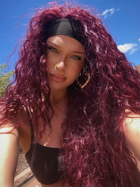 Cherry Cola Hair Color On Curly Hair, Plum Red Curly Hair, Red Curly Hair Styles, Black Cherry Hair Curly, Burgundy Hair Green Eyes, Curly Violet Hair, Red And Dark Hair, Pomegranate Hair Color, Cherry Red Hair Blue Eyes