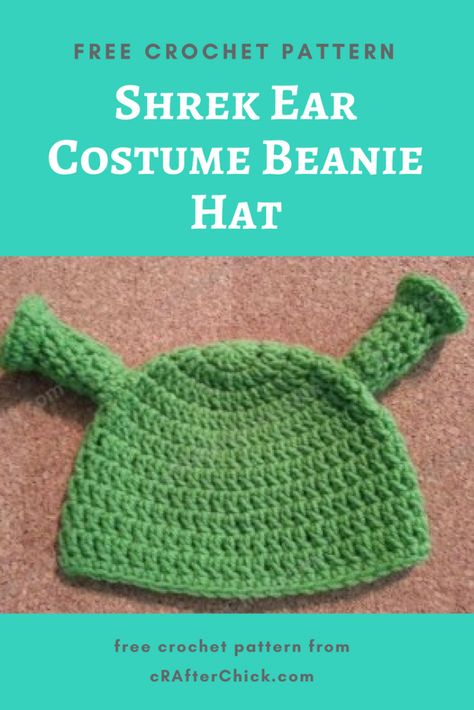 Shrek Ear Costume Beanie Hat Crochet Pattern » cRAfterchick - Free Crochet Patterns and Projects Shrek Beanie, Farquaad Costume, Shrek Hat, Double Crochet Beanie Pattern, Shrek Costumes, Donation Ideas, Beanie Hat Crochet Pattern, Beanie Hat Crochet, Crochet Beanie Pattern Free