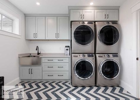 81Whiting-038 Double Washer And Dryer, Grey Laundry Room, Washer Dryer Laundry Room, Grey Laundry, Grey Laundry Rooms, Modern Farmhouse Ideas, Hanging Clothes Rail, Shaker Door Styles, Refrigerator Cabinet