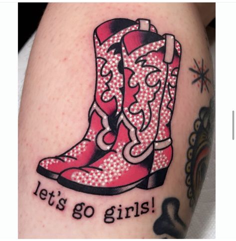 Neo Traditional Western Tattoo, Traditional Cowboy Boots Tattoo, Cowgirl American Traditional Tattoo, Cowboy Boot Tattoo Traditional, Country Theme Tattoos, Pink Pony Club Tattoo, Cowboy Boots Tattoo For Women, Cowgirl Pinup Tattoo, Western Traditional Tattoo