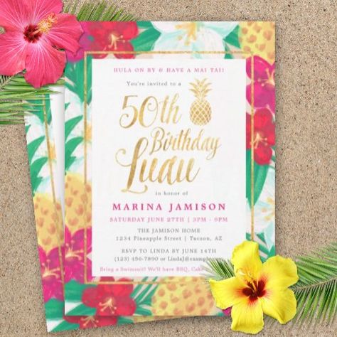 50th Birthday Luau Invitations | Pink & Gold for $2.92 - Birthday Invitations Luau Birthday Party Invitations, Luau Party Invitations, Pineapple Birthday Party, Birthday Luau, Luau Invitations, Fiftieth Birthday, Invitations Pink, Pineapple Birthday, Milestone Birthday Party