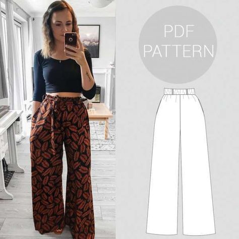 Sewing Pattern – Womens high-waist wide-leg trousers Trouser Pattern, Printable Sewing Patterns, Sewing Projects Clothes, Sew Ins, Diy Vetement, Pants Sewing Pattern, Diy Sewing Clothes, How To Make Clothes, Diy Couture