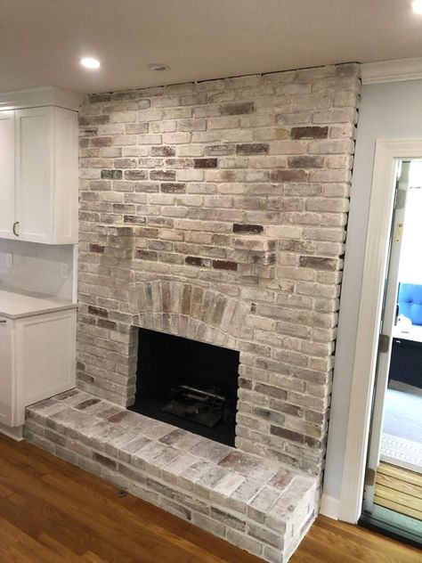 Interior Lime Wash for Brick Fireplaces and Walls - My Three Sons Painting Brick Chimney Paint Ideas, Redoing Brick Fireplace, Fireplace Red Brick Makeover, Chimney Makeover Brick, Fireplace Brick Stain, Restore Brick Fireplace, Recessed Brick Fireplace, Dark Wash Fireplace Brick, Distressed Fireplace Brick