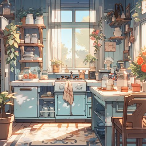 Digital Art Kitchen Background, Lofi Aesthetic Kitchen, Interior Background Art, Cozy Home Drawing, Fantasy Kitchen Art, Cozy Cottage Illustration, Cute Kitchen Drawing, Domestic Life Aesthetic, Kitchen Concept Art