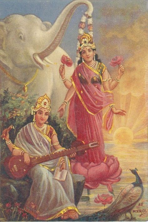 Goddess Laxmi Saraswati India vintage old card, Phoenix print (via ebay: bhagchandluhadia) Hindu Cosmos, साईं बाबा, Goddess Laxmi, Saraswati Devi, Collage Mural, Saraswati Goddess, Durga Painting, Shakti Goddess, Indian Goddess