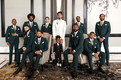 Groomsmen In Green Suits, Groomsmen Green Suit, White And Green Tuxedo, Hunter Green Groomsmen Attire, Hunter Green Suits For Men, Green Suit Groomsmen, Dark Green Tuxedo Wedding, Groomsmen In Green, Dark Green Groomsmen Attire