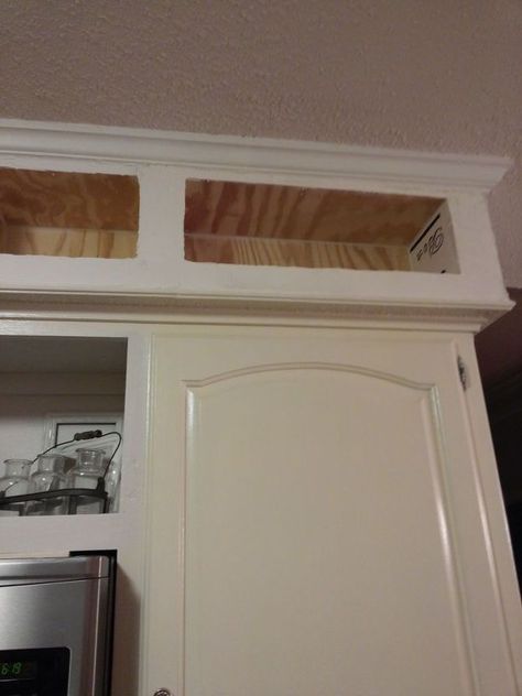 A homeowner wanted to update her kitchen. First she knocks a hole through the cabinets, but then she does THIS! - This transformation is UNBELIEVABLE! I was tired of the outdated look of my soffits, after scouring the web for ideas I came up with these. What To Do With Kitchen Soffits, Soffit Ideas, Kitchen Cabinets To Ceiling, Faux Brick Backsplash, Space Above Kitchen Cabinets, Kitchen Soffit, Builder Grade Kitchen, Faux Brick Panels, Above Kitchen Cabinets