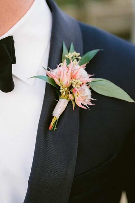 Pink Protea Boutonniere for Wedding in Norfolk, Virginia Protea Boutonniere, Wedding Personal Touches, Pink Protea, Pink Boutonniere, 70th Wedding Anniversary, Protea Wedding, Oceanfront Wedding, Wedding Planner App, Groomsmen Boutonniere