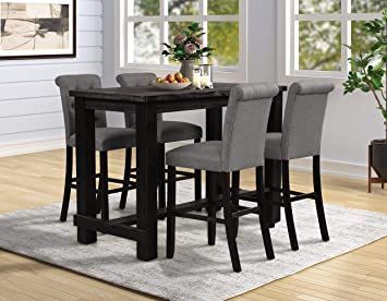 Roundhill Furniture Aneta Antique Black Finished Wood 5-Piece Pub Set, Table with 4 Upholstered Barstools, Gray New Classic Furniture, Pub Set, Primitive Furniture, 5 Piece Dining Set, Counter Height Table, Counter Height Dining Sets, Solid Wood Table, Classic Furniture, Table And Chair Sets