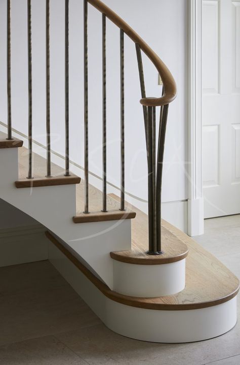 Oak Staircase, Oak Handrail, Wrought Iron Stair Railing, Bespoke Staircases, Stair Banister, Contemporary Beach House, Iron Stair Railing, Staircase Handrail, Wrought Iron Stairs