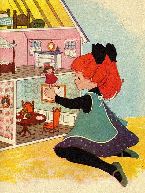 Vintage children's book, little girl plays with dollouse (book unidentified) | Source: AnastasiaC @ Flickr Board Themes, 동화 삽화, Childrens Books Illustrations, Children Books, House Illustration, Vintage Illustrations, Childrens Stories, Art And Illustration, Vintage Children's Books