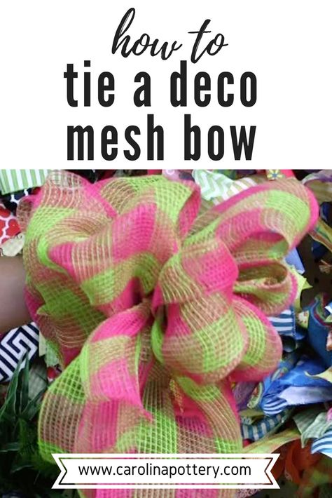 Learn how to tie a deco mesh bow in this diy tutorial video! There are all kinds of uses for deco mesh ribbon, including making many types of wreaths. However it can also be used to make lovely bows for decoration! Visit your local Carolina Pottery store for the largest selection of deco mesh around, or shop online at www.carolinapottery.com! Using Deco Mesh On Christmas Tree, How To Make A Bow Out Of Deco Mesh, Christmas Mesh Bows Diy, Mesh Ribbon Bows How To Make, How To Use Decorative Mesh, How To Use Mesh Ribbon, Deco Mesh Tree Topper, Deco Mesh Bows Diy How To Make, Mesh Ribbon Christmas Tree Tutorial