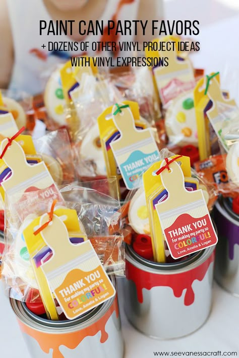 DIY Fun Paint Can Party Favors - perfect for a kid's birthday party, art party, special event & more (made with my Silhouette & vinyl) Kids Art Party, Art Themed Party, Painting Birthday Party, Artist Birthday, Birthday Painting, Favors Ideas, Painting Birthday, Birthday Art, Art Birthday Party