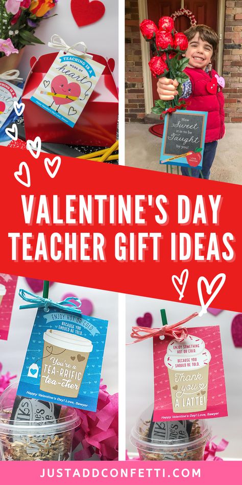 Looking for some cute Valentine’s Day gift ideas for teachers? I've got you covered with these fun ideas for Valentine's Day teacher gifts. Each idea has a printable valentine card that is available in my Just Add Confetti Etsy shop. Such adorable gifts in minutes! Some of the ideas would even be great teacher appreciation gifts or end of the year gifts! Be sure to head to justaddconfetti.com for even more easy valentines and gift ideas. Valentines Cards For Teachers From Kids, Teacher Staff Valentine Gifts, Valentines Day Secret Pal Ideas, Teacher Appreciation Gifts Valentines, Valentines Daycare Teacher Gifts, Valentines Appreciation Gifts, Diy Valentines Cards For Teachers, Valentine's Gift For Teacher, Preschool Teacher Valentines Day Gifts